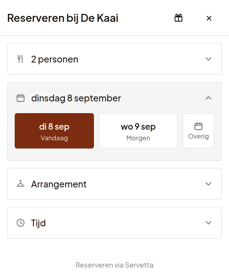De eerste stap van de reserveringswidget: het aantal personen en de datum, met vandaag en morgen als snelle keuze.