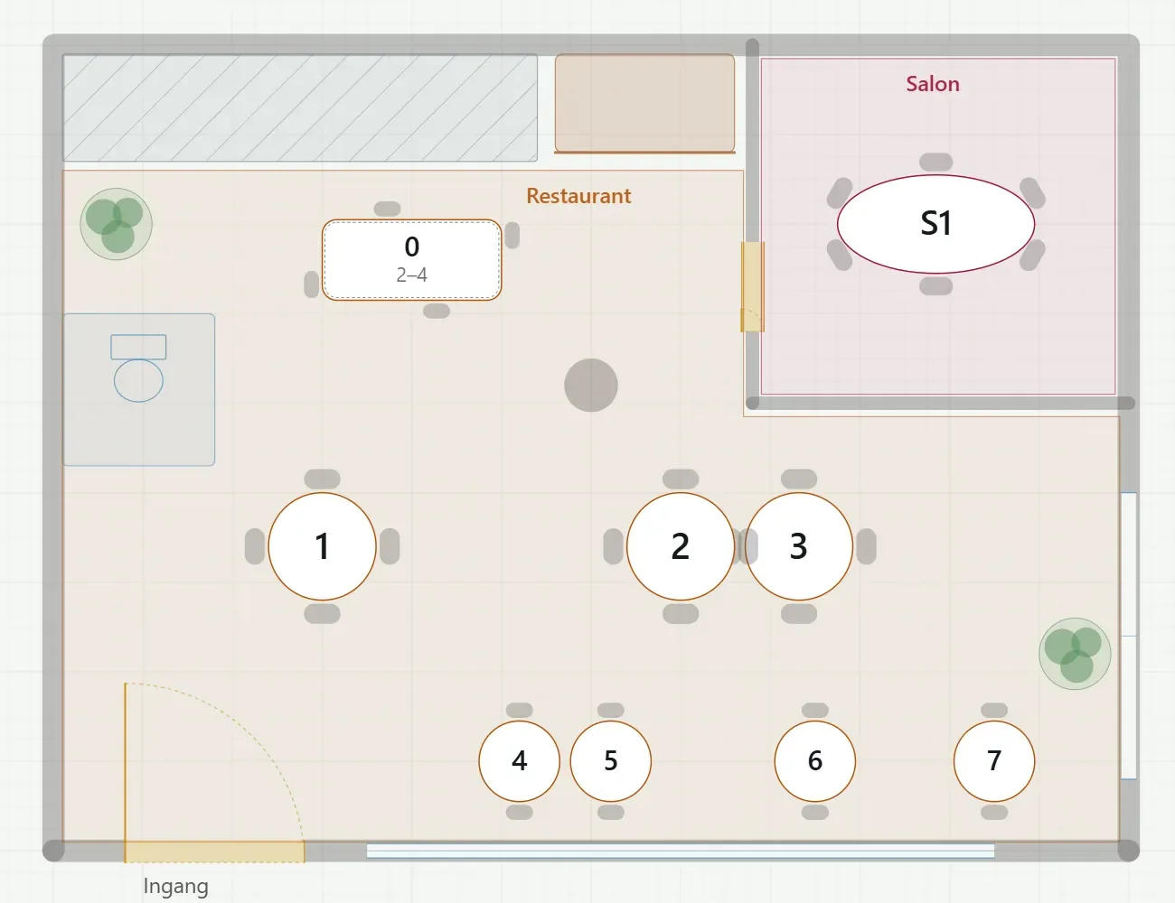 El plano de sala del restaurante de demostración: el restaurante con mesas numeradas y un salón aparte.