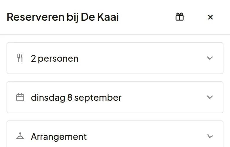 De reserveerwidget van het demorestaurant: twee personen, dinsdag 8 september en de keuze voor een arrangement.