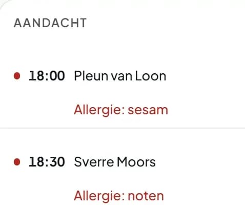 Het blok Aandacht in het dienstoverzicht: om 18:00 Pleun van Loon met een allergie voor sesam en om 18:30 Sverre Moors met een notenallergie.